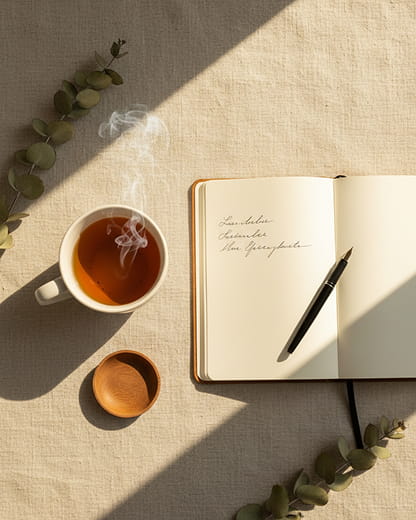 Open journal beside tea on a table