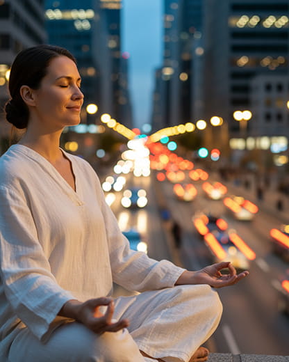 Woman meditating in the city at dusk
